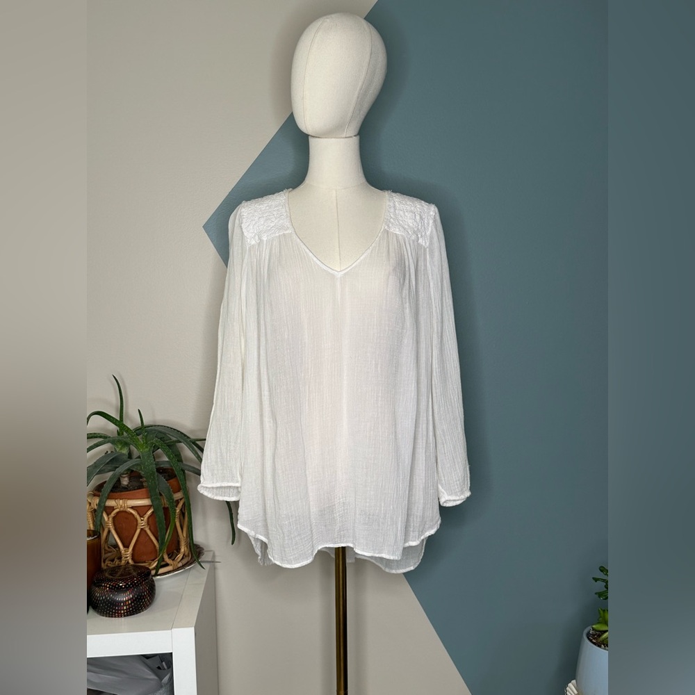 Current/Elliott White Boho Peasant Picnic Blouse Top Women’s Small Gauze Lace - Picture 2 of 13